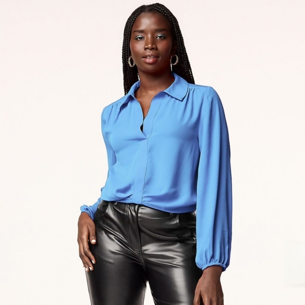Blue Long-Sleeve V-Neck Blouse Size Medium